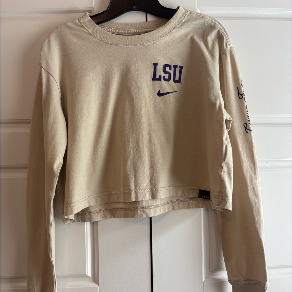 Nike LSU Women's Beige Crop Top with Purple Accents